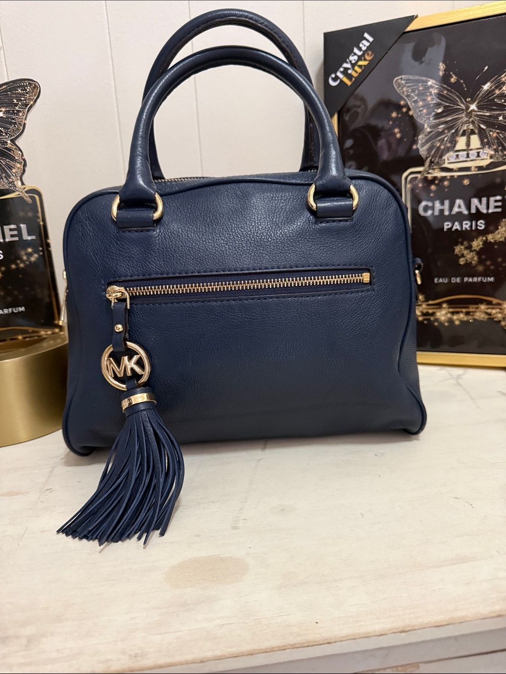 Michael Kors Navy Pebbled Leather Satchel with Tassel Charm